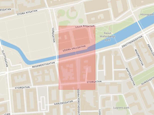Karta som med röd fyrkant ramar in Södra Förstadsgatan, Regementsgatan, Malmö, Skåne län