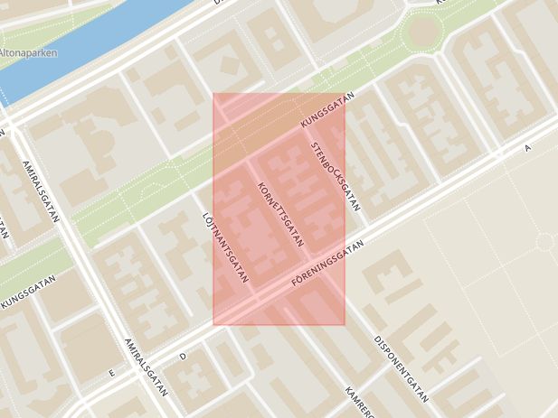 Karta som med röd fyrkant ramar in Kornettgatan, Malmö, Skåne län