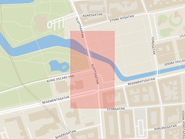 Karta som med röd fyrkant ramar in Fersens Väg, Kung Oscars Väg, Malmö, Skåne län