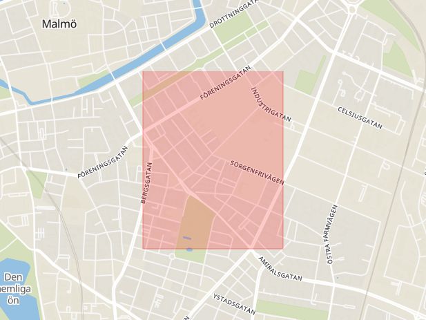 Karta som med röd fyrkant ramar in Sorgenfri, Malmö, Skåne län