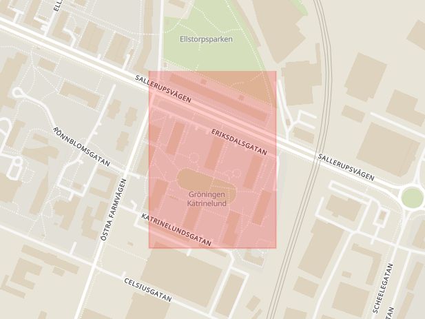 Karta som med röd fyrkant ramar in Katrinelund, Eriksdalsgatan, Malmö, Skåne län