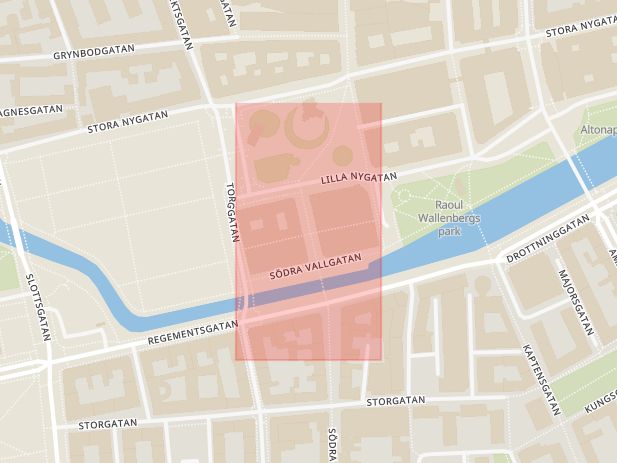 Karta som med röd fyrkant ramar in Södra Tullgatan, Malmö, Skåne län