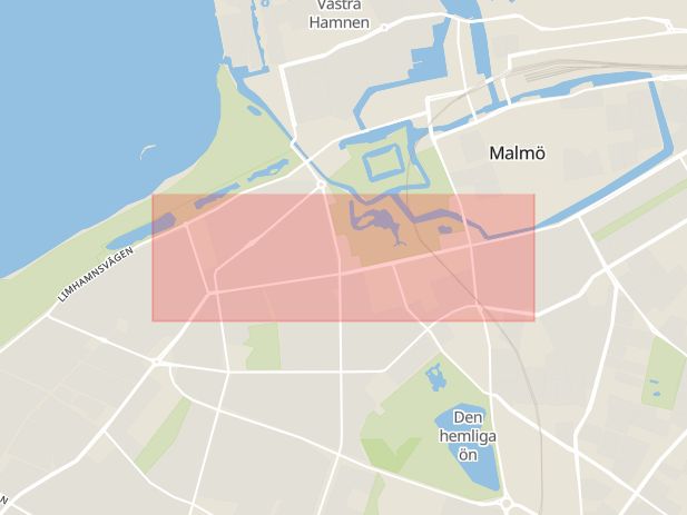 Karta som med röd fyrkant ramar in Regementsgatan, Malmö, Skåne län