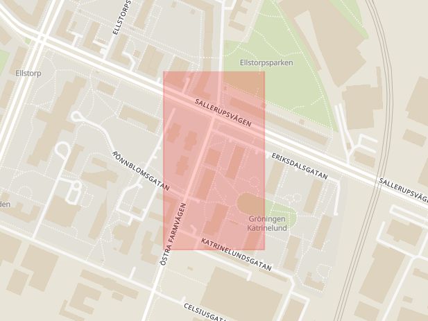 Karta som med röd fyrkant ramar in Katrinelund, Malmö, Skåne län