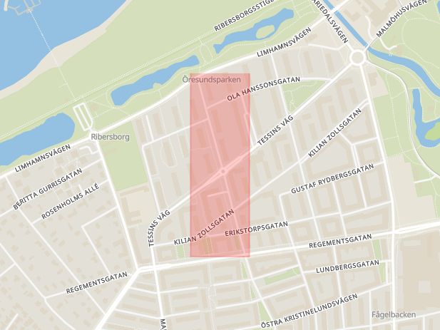 Karta som med röd fyrkant ramar in Ribersborg, Sergels Väg, Malmö, Skåne län