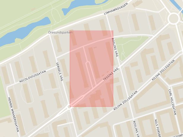 Karta som med röd fyrkant ramar in Ernst Ahlgrensgatan, Malmö, Skåne län
