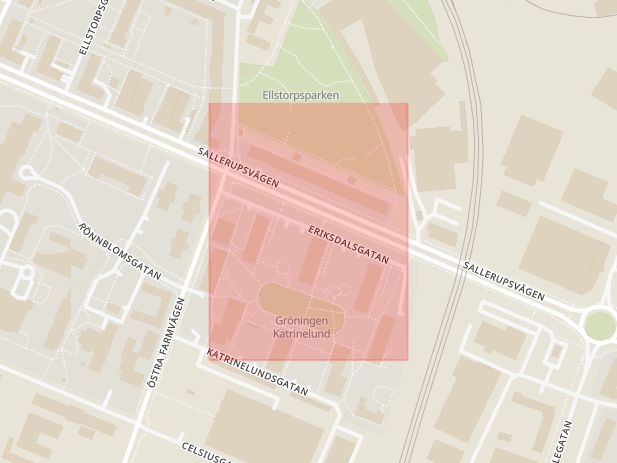 Karta som med röd fyrkant ramar in Eriksdalsgatan, Bricka, Malmö, Skåne län