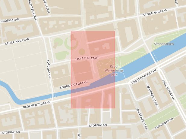 Karta som med röd fyrkant ramar in Kanalgatan, Malmö, Skåne län