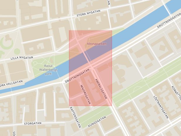 Karta som med röd fyrkant ramar in Kaptensgatan, Drottninggatan, Amiralsgatan, Kaptensbron, Malmö, Skåne län