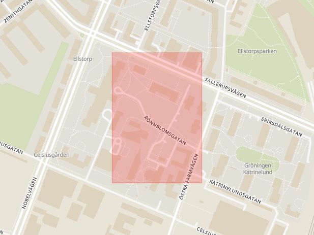 Karta som med röd fyrkant ramar in Katrinelund, Rönnblomsgatan, Malmö, Skåne län