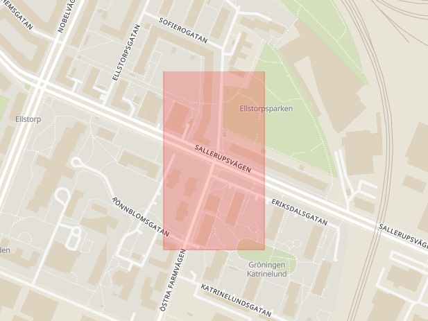 Karta som med röd fyrkant ramar in Sallerupsvägen, Östra Farmvägen, Malmö, Skåne län