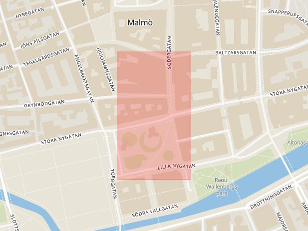 Karta som med röd fyrkant ramar in Gustafs, Rådmansgatan, Malmö, Skåne län