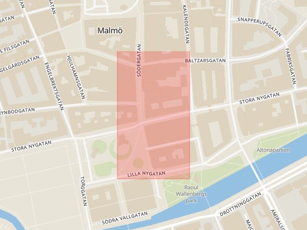Karta som med röd fyrkant ramar in Stora Nygatan, Nygatan, Gustaf Adolfs Torg, Malmö, Skåne län