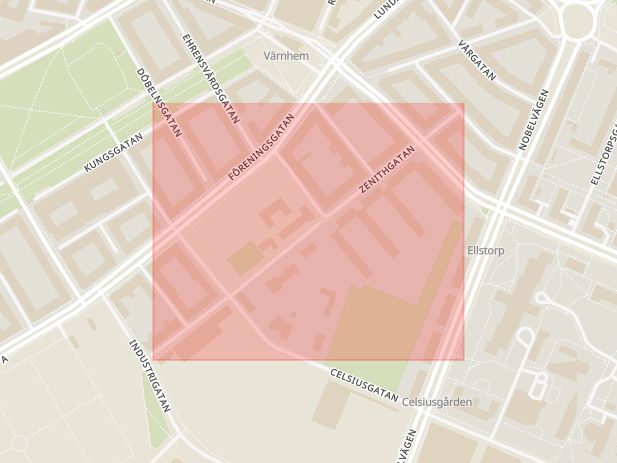 Karta som med röd fyrkant ramar in Värnhem, Zenithgatan, Malmö, Skåne län