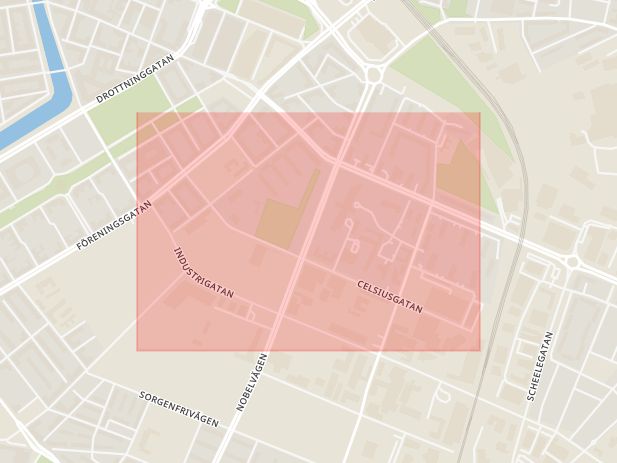 Karta som med röd fyrkant ramar in Celsiusgatan, Malmö, Skåne län