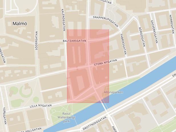 Karta som med röd fyrkant ramar in Stora Nygatan, Studentgatan, Malmö, Skåne län