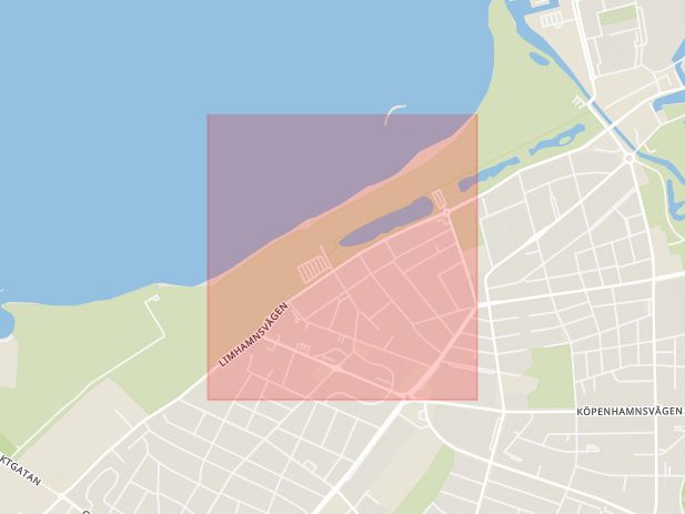 Karta som med röd fyrkant ramar in Limhamn, Ribersborg, Erikslust, Bunkeflostrand, Malmö, Skåne län