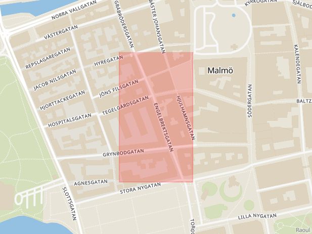 Karta som med röd fyrkant ramar in Engelbrektsgatan, Malmö, Skåne län