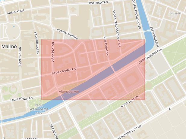 Karta som med röd fyrkant ramar in Södra Promenaden, Malmö, Skåne län