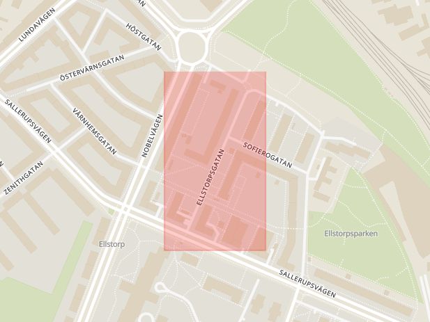 Karta som med röd fyrkant ramar in Ellstorpsgatan, Malmö, Skåne län