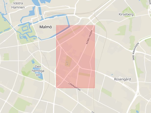 Karta som med röd fyrkant ramar in Nobelvägen, Zenithgatan, Malmö, Skåne län