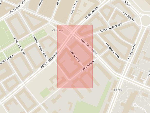 Karta som med röd fyrkant ramar in Grangatan, Malmö, Skåne län