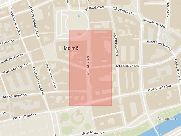 Karta som med röd fyrkant ramar in Södergatan, Malmö, Skåne län