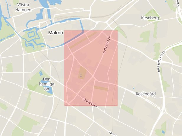 Karta som med röd fyrkant ramar in Nobelvägen, Vattentorget, Malmö, Skåne län