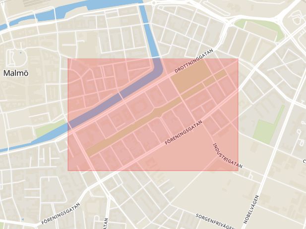 Karta som med röd fyrkant ramar in Rörsjöstaden, Kungsgatan, Malmö, Skåne län