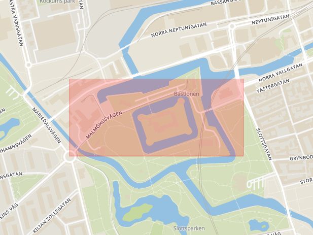 Karta som med röd fyrkant ramar in Malmöhusvägen, Malmö, Skåne län