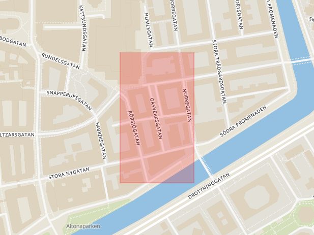 Karta som med röd fyrkant ramar in Gamla Staden, Gasverksgatan, Malmö, Skåne län