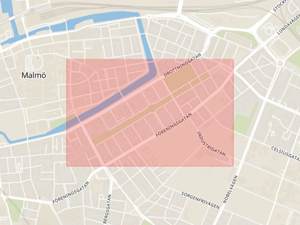 Karta som med röd fyrkant ramar in Kungsgatan, Malmö, Skåne län