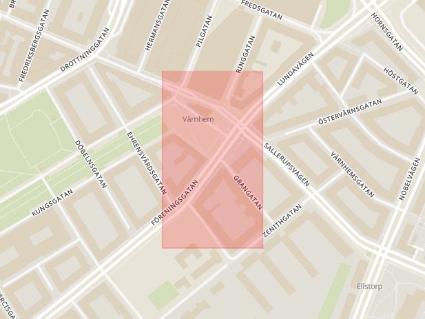Karta som med röd fyrkant ramar in Föreningsgatan, Värnhemstorget, Malmö, Skåne län