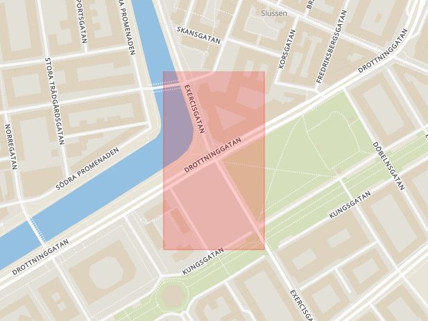 Karta som med röd fyrkant ramar in Drottninggatan, Exercisgatan, Malmö, Skåne län