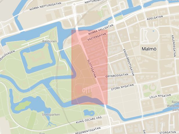 Karta som med röd fyrkant ramar in Slottsgatan, Malmö, Skåne län