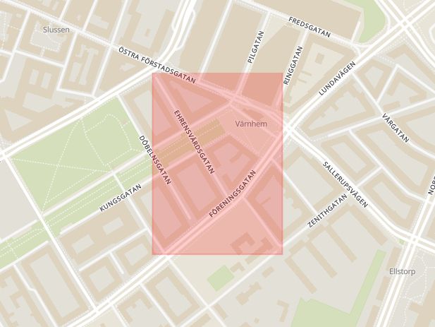 Karta som med röd fyrkant ramar in Rörsjöstaden, Ehrensvärdsgatan, Malmö, Skåne län