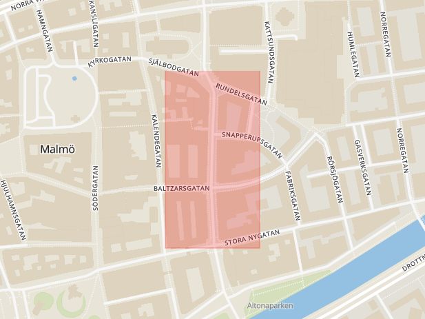 Karta som med röd fyrkant ramar in Djäknegatan, Malmö, Skåne län