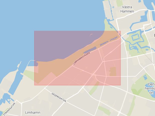 Karta som med röd fyrkant ramar in Limhamn, Ribersborgsstigen, Malmö, Skåne län