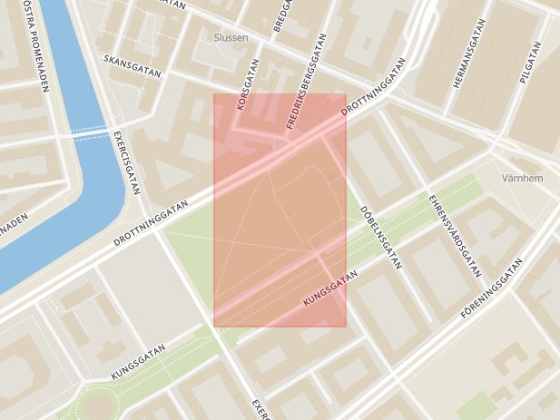 Karta som med röd fyrkant ramar in Rörsjöparken, Exercisgatan, Malmö, Skåne län