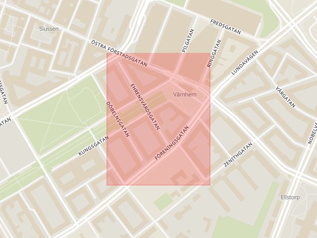 Karta som med röd fyrkant ramar in Ehrensvärdsgatan, Malmö, Skåne län