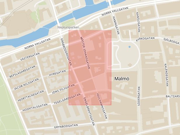 Karta som med röd fyrkant ramar in Isak Slaktaregatan, Malmö, Skåne län
