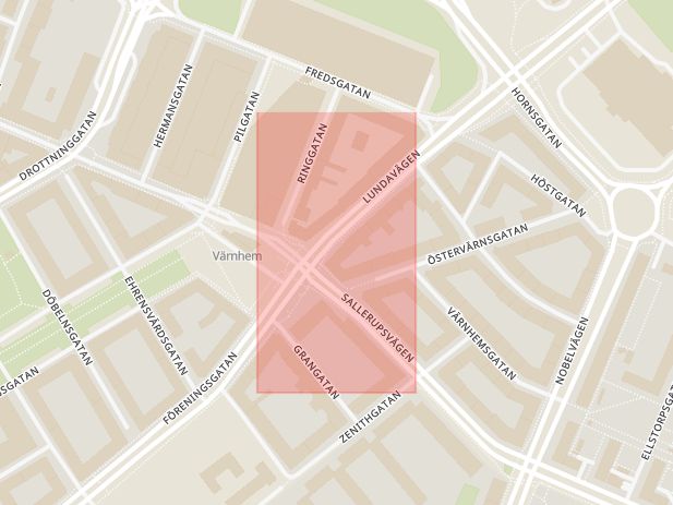 Karta som med röd fyrkant ramar in Lundavägen, Värnhemstorget, Malmö, Skåne län