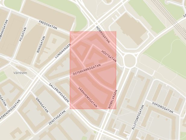 Karta som med röd fyrkant ramar in Vårgatan, Sallerupsvägen, Slussgatan, Malmö, Skåne län