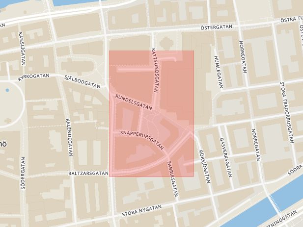 Karta som med röd fyrkant ramar in Rundelsgatan, Malmö, Skåne län