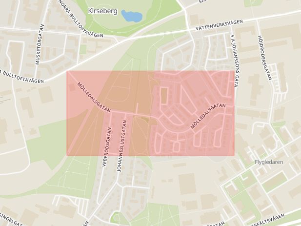 Karta som med röd fyrkant ramar in Mölledalsgatan, Malmö, Skåne län
