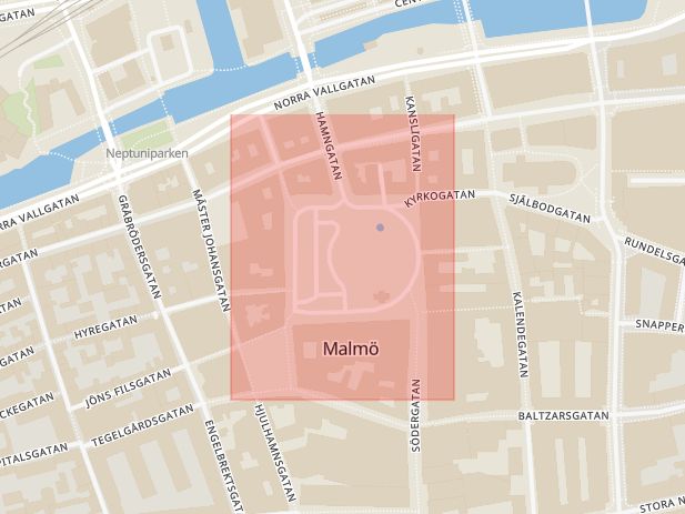 Karta som med röd fyrkant ramar in Kalendegatan, Stortorget, Malmö, Skåne län