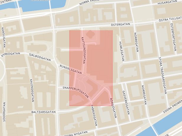 Karta som med röd fyrkant ramar in Rundelsgatan, Kattsundsgatan, Malmö, Skåne län