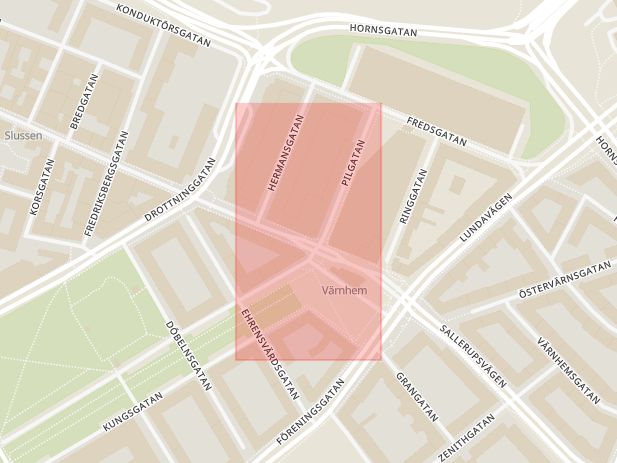 Karta som med röd fyrkant ramar in Värnhemstorget, Östra Förstadsgatan, Malmö, Skåne län