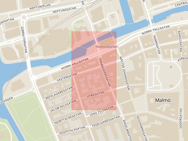 Karta som med röd fyrkant ramar in Stortorget, Västergatan, Malmö, Skåne län