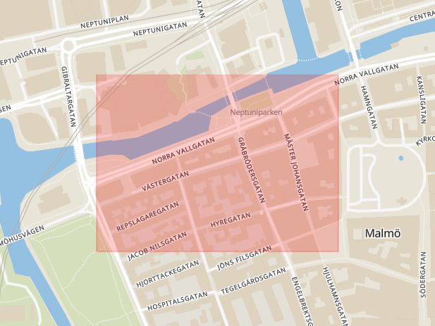 Karta som med röd fyrkant ramar in Västergatan, Malmö, Skåne län
